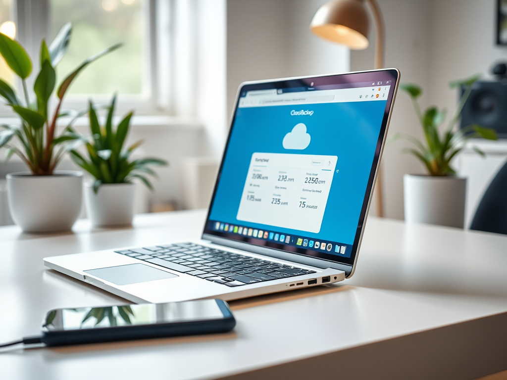 A laptop displays a cloud storage interface, with a smartphone charging beside it on a clean desk.