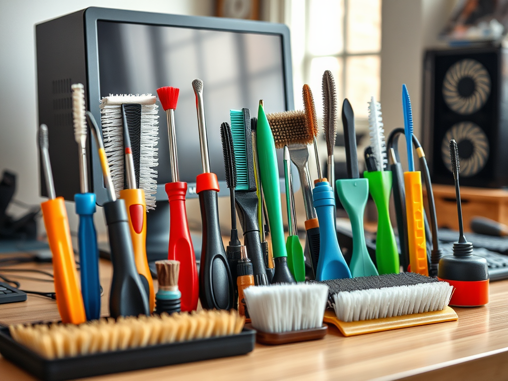 A collection of various cleaning tools arranged on a table, with a computer in the background.