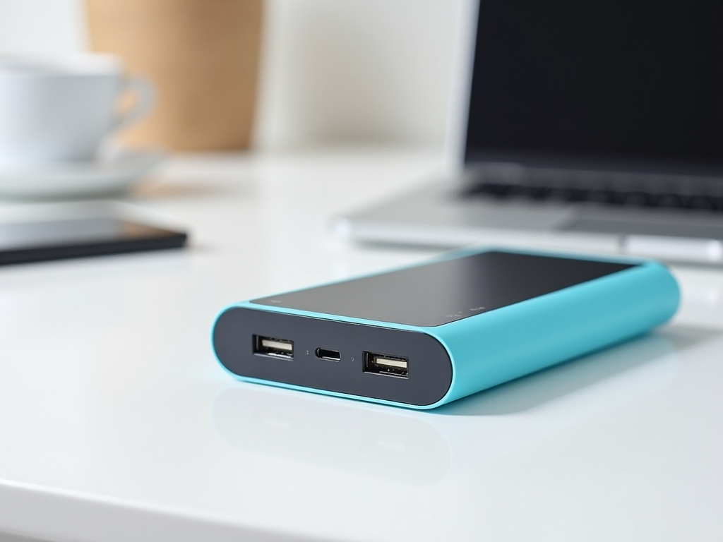 A portable blue power bank on a white desk near a laptop and a coffee cup.