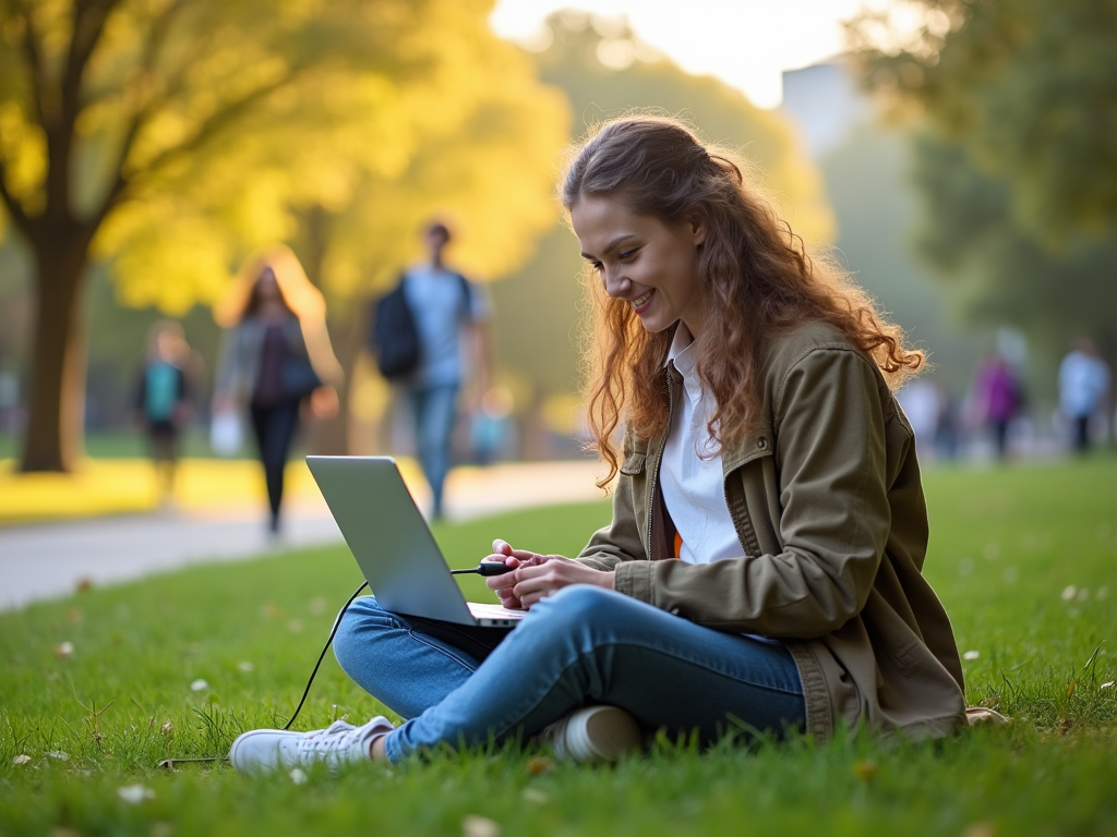 Young woman using laptop in a sunny park, sitting on grass with people walking in the background.