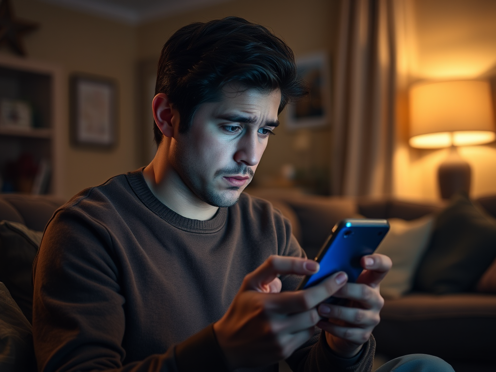 A young man sits on a sofa, looking intently at his phone in a softly lit room.