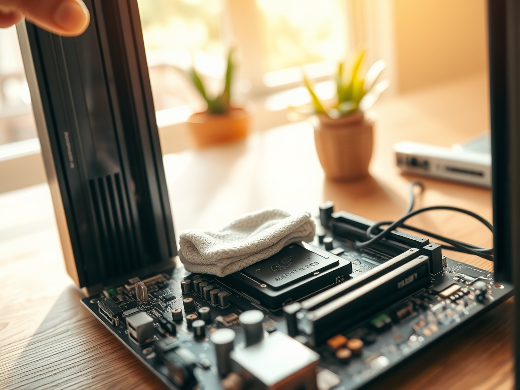 A close-up of a motherboard setup, with a cloth on the CPU, potted plants, and soft lighting in the background.