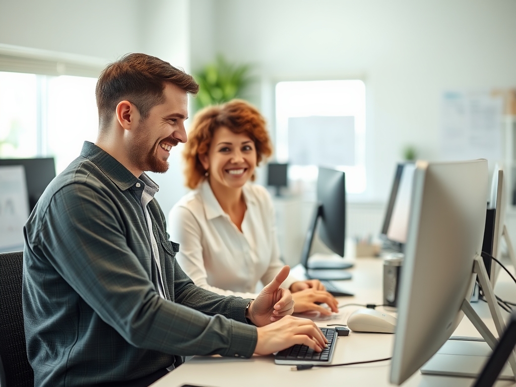 Two coworkers smile while working at their desks with computers in a bright and modern office setting.