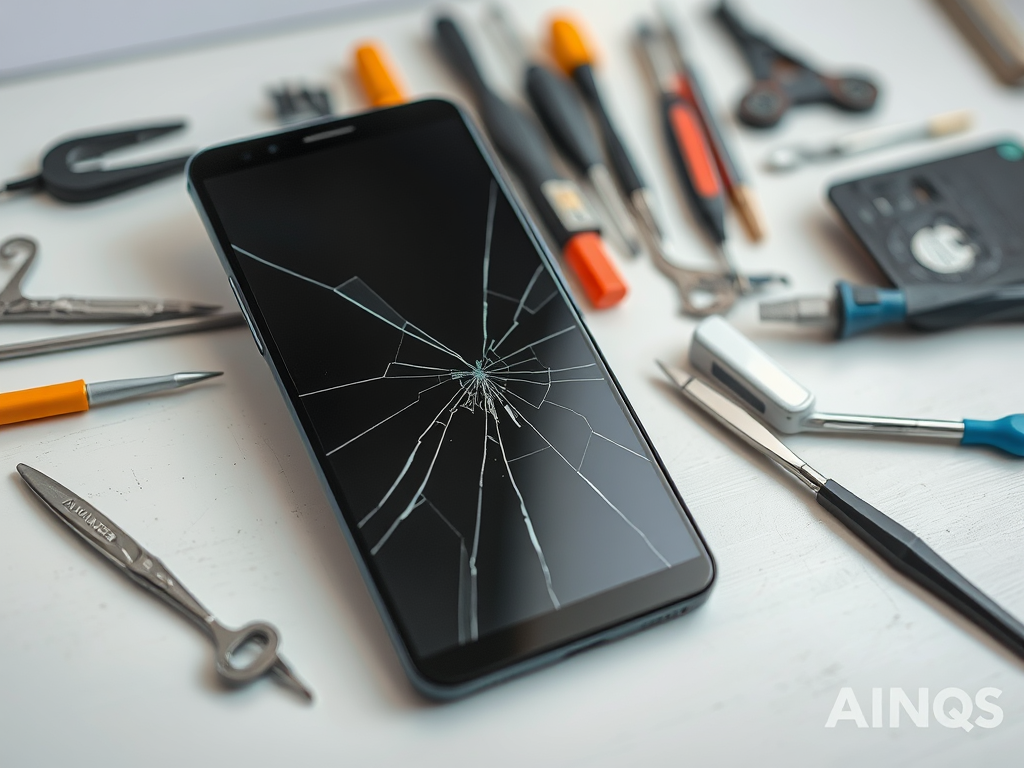 A smartphone with a cracked screen surrounded by various repair tools on a white surface.