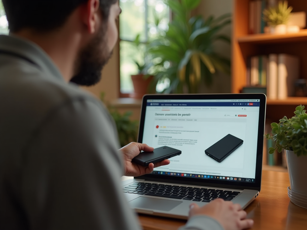 Man using laptop and smartphone at home office with plants around.