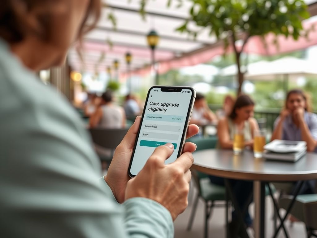 A person checks a smartphone displaying a "case upgrade eligibility" screen at a café with patrons in the background.