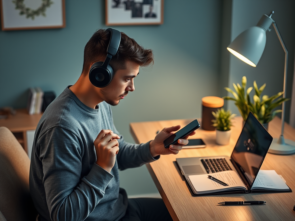 A young man wearing headphones focuses on his phone while seated at a desk with a laptop and notepad.