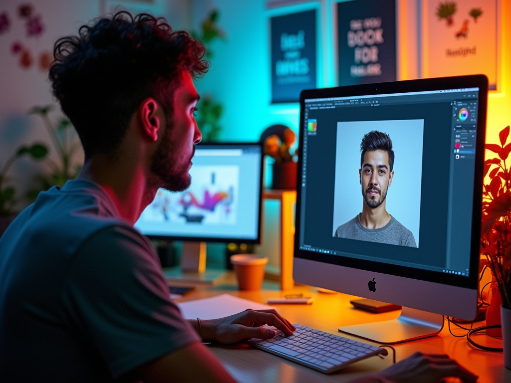 Graphic designer working on a photo portrait in a colorful, neon-lit office at night.