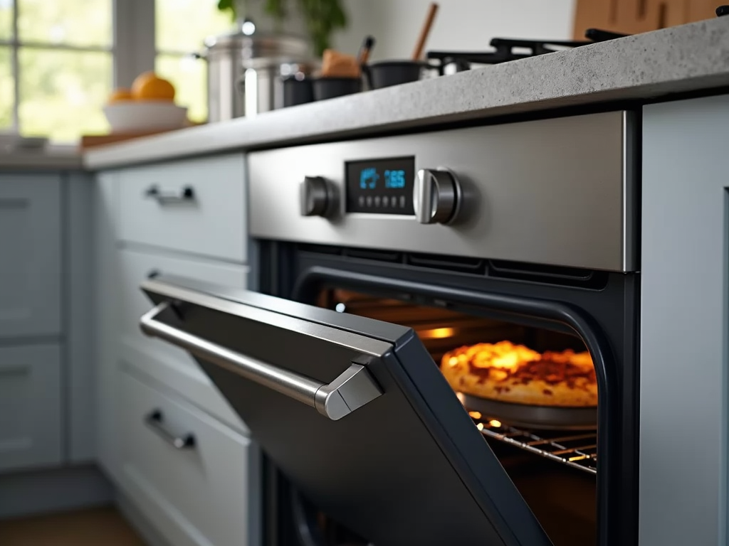 Modern kitchen with a pizza baking in an open stainless steel oven.