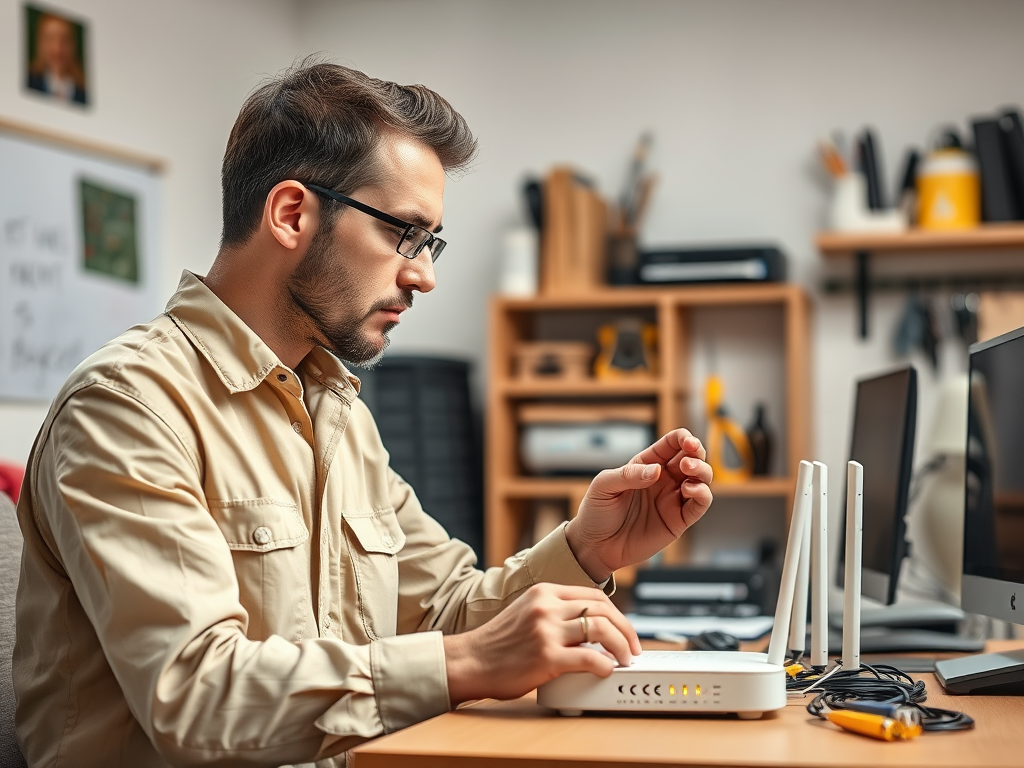 A man in a beige shirt adjusts a network router in a home office filled with computers and tools.