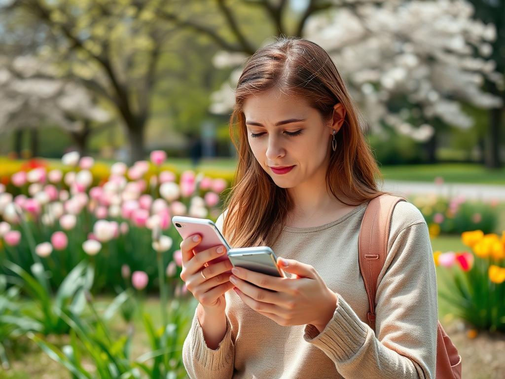 A young woman with long hair stands in a park, using two smartphones amidst blooming flowers.