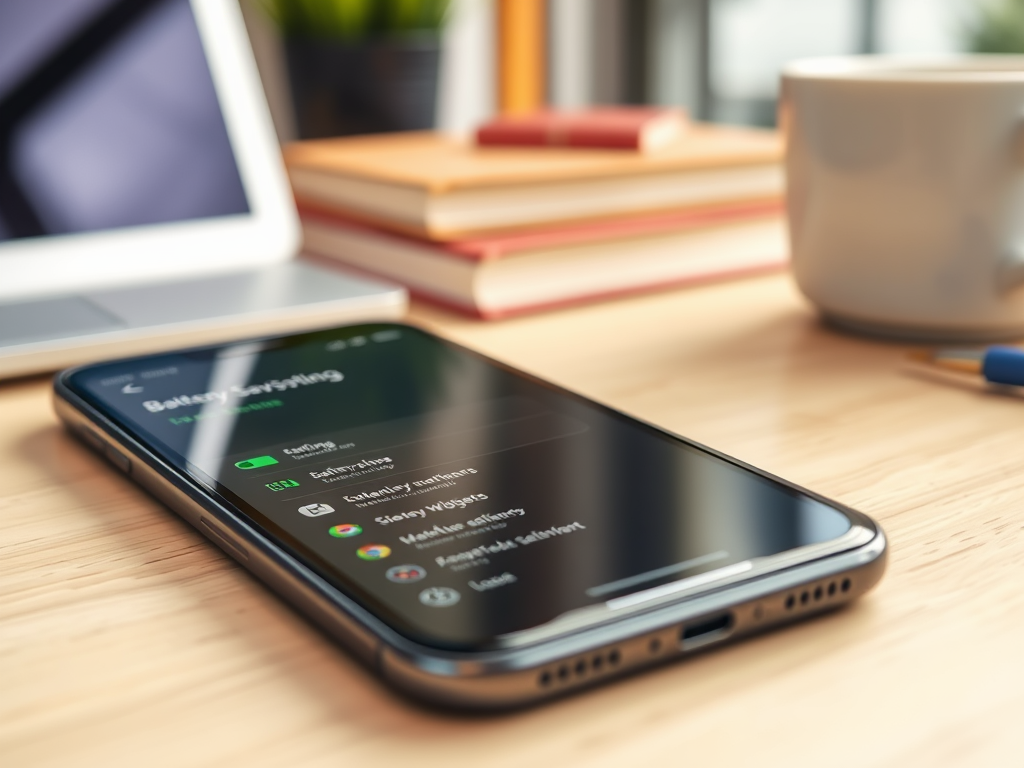 A smartphone on a wooden table displays a settings menu with options for safety and notifications, near a coffee cup.