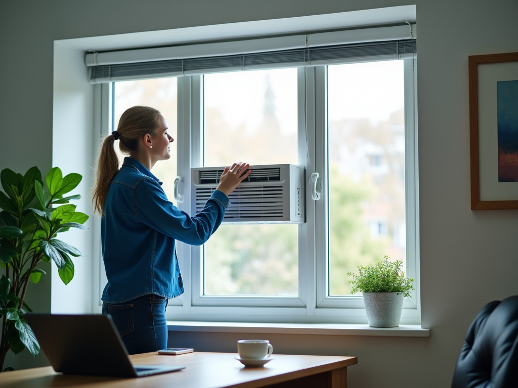 Woman adjusting an air conditioner unit by a window in a well-lit room.