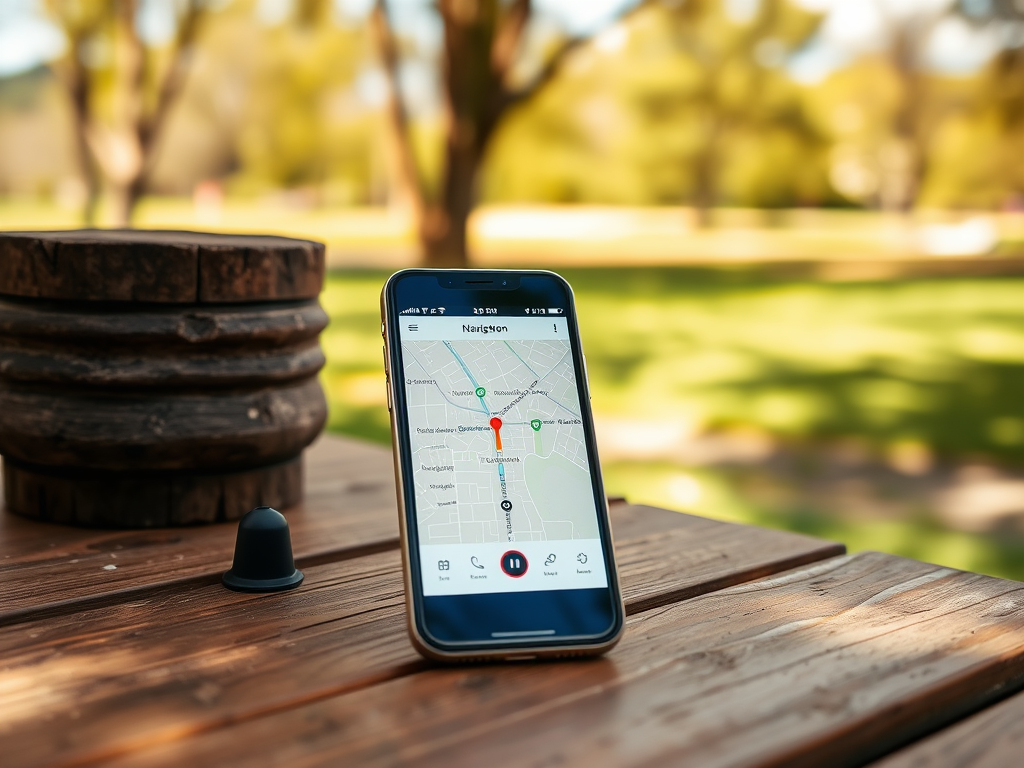 A smartphone displaying a navigation map, sitting on a wooden table, with a blurred green park in the background.