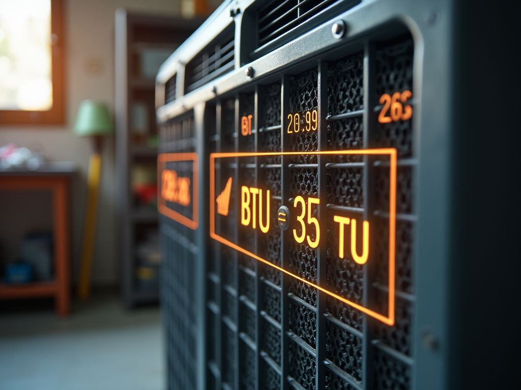 Close-up of digital display on industrial equipment showing BTU values in a workspace.