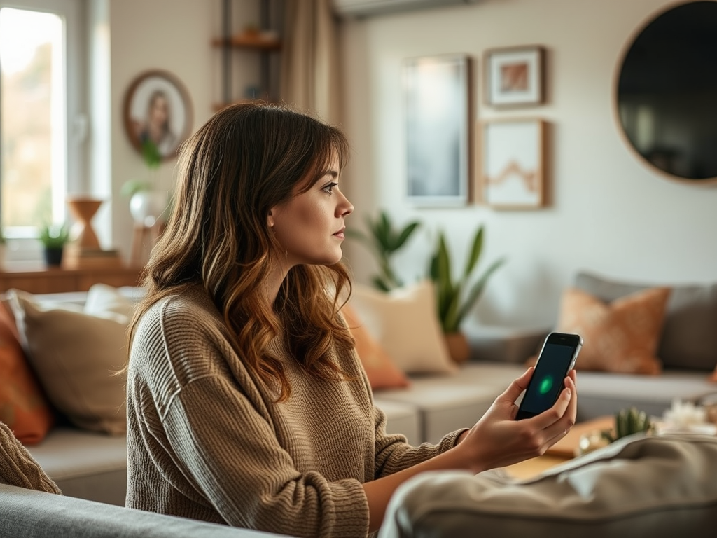 A woman sits calmly on a couch, holding a smartphone, surrounded by a cozy, well-decorated living room.