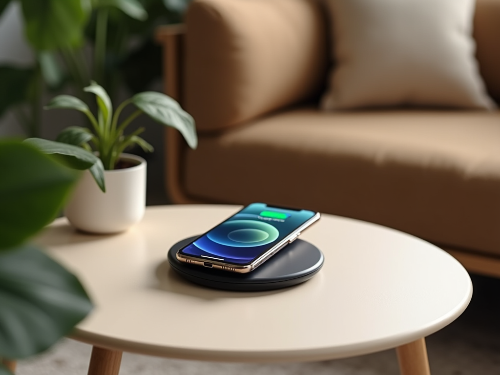 Smartphone on a wireless charger on a table, with a plant and a couch in a cozy living room.