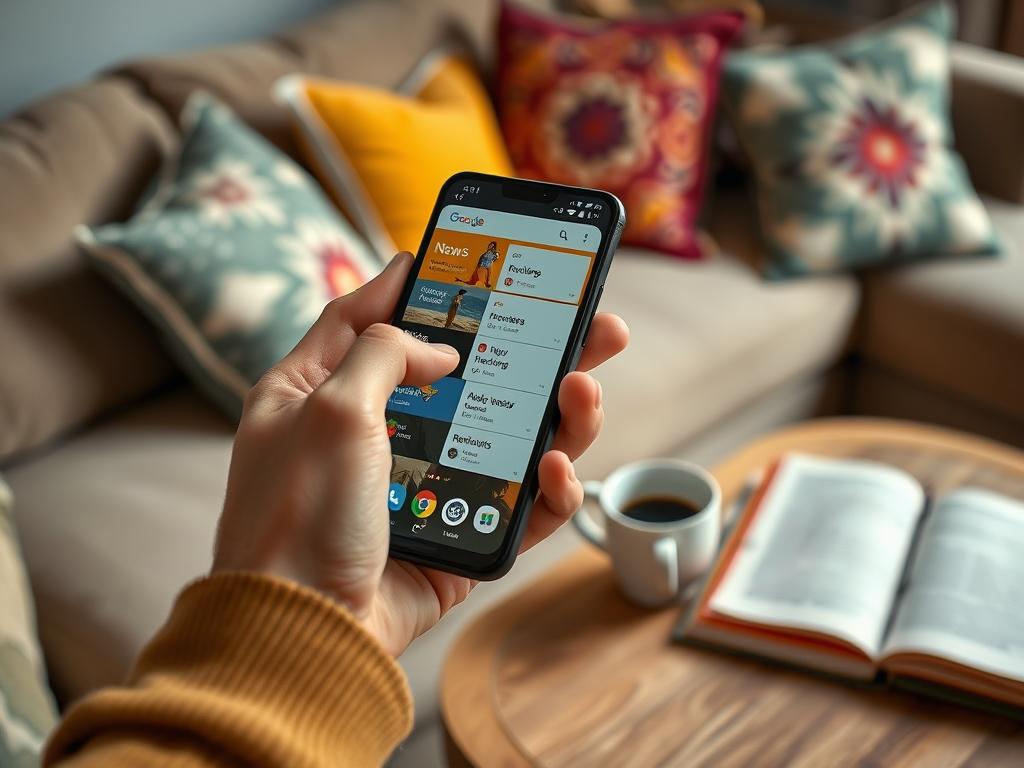 A person holding a smartphone displaying news, with a coffee cup and an open book on a table nearby.