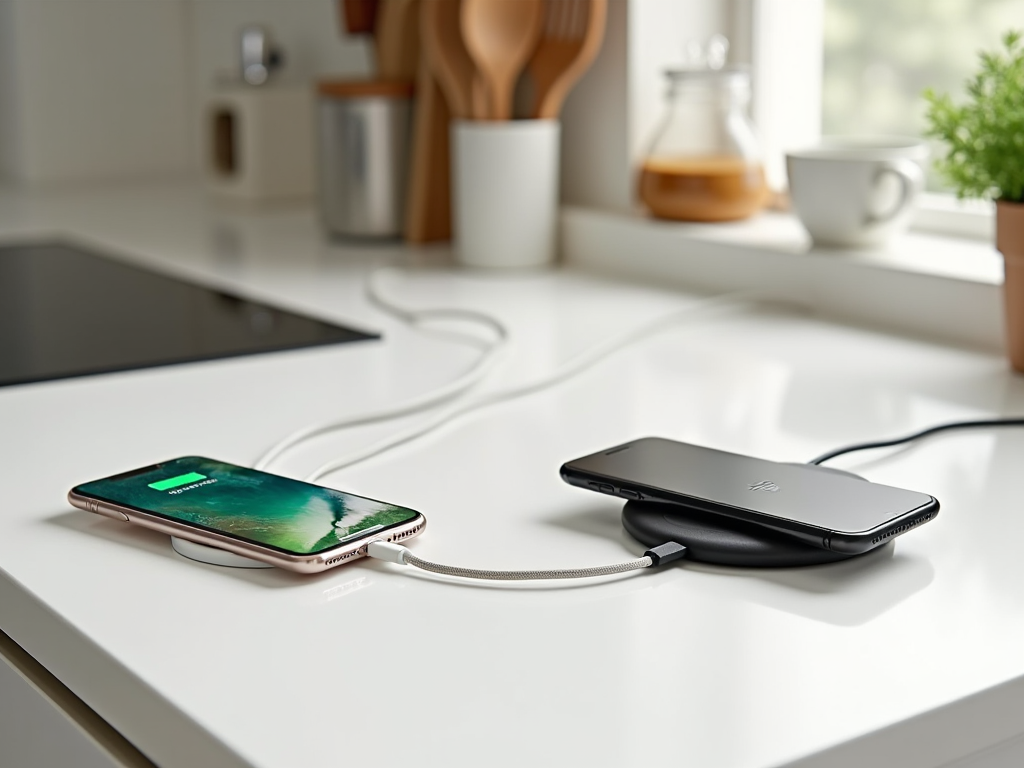 Two smartphones charging on a white countertop, one wired and one on a wireless charging pad.