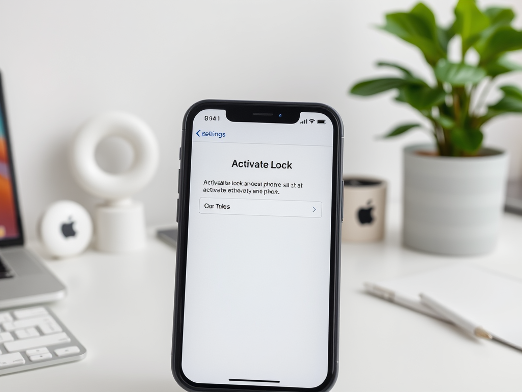 A smartphone displaying the "Activate Lock" settings with a potted plant and other Apple devices in the background.
