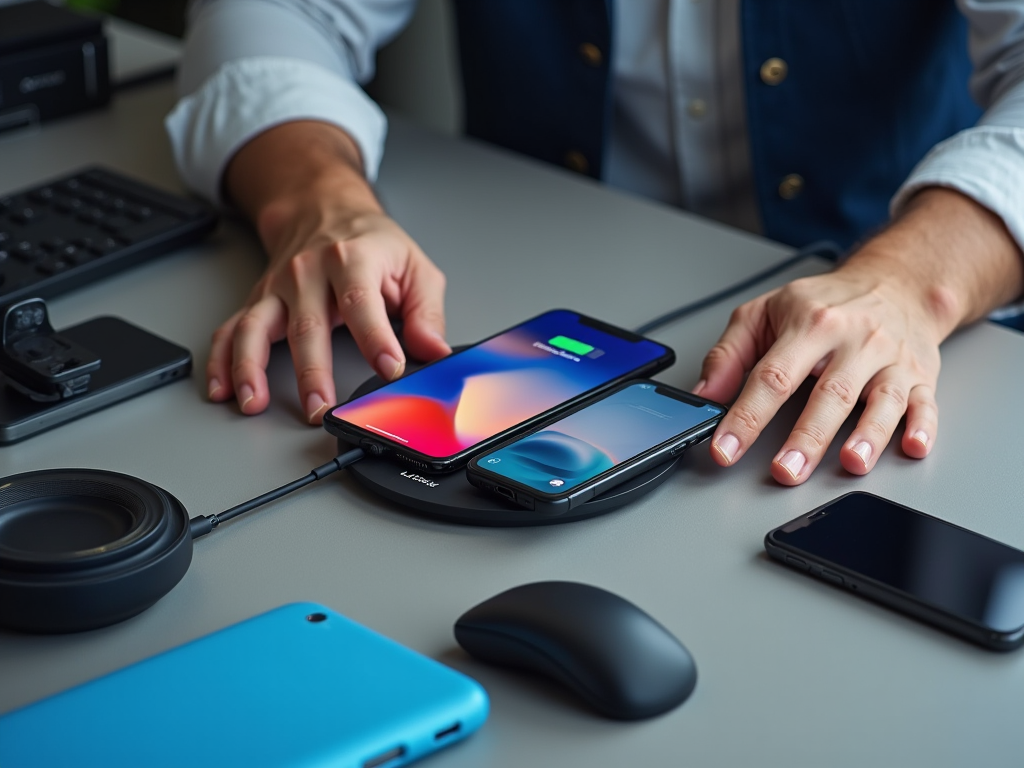 Man's hands on a desk with multiple smartphones charging via cables and wireless devices.