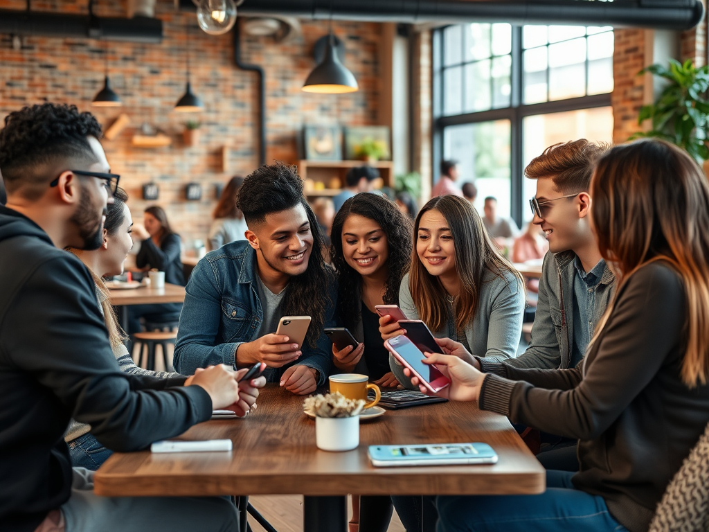 A group of six young adults sit around a table, happily sharing and looking at their smartphones in a cozy cafe.