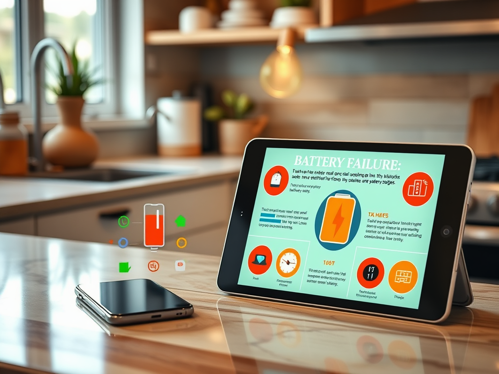 A tablet displaying information about battery failure, with icons representing battery life and tips for maintenance.