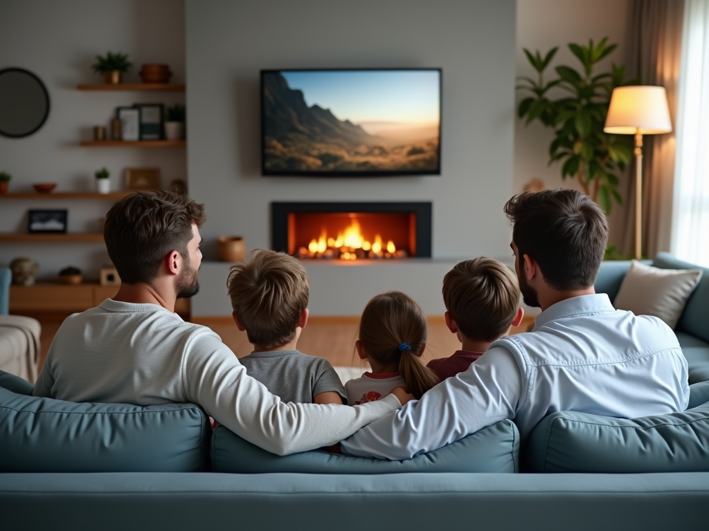 A family of four watching a mountain landscape on TV in a cozy living room with a fireplace.