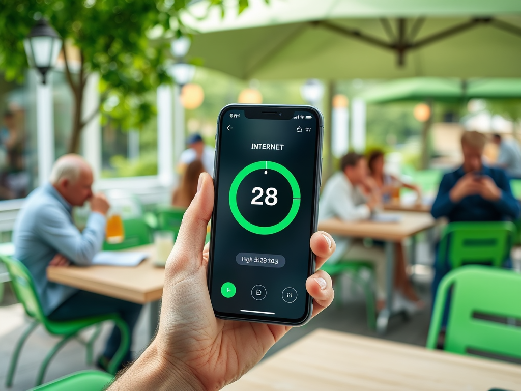 A person is holding a smartphone displaying an internet speed of 28 Mbps in a vibrant outdoor café setting.