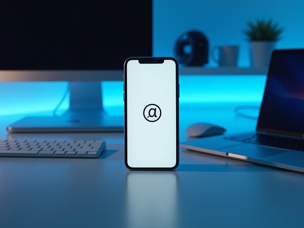 Smartphone on desk displaying email symbol, surrounded by modern tech devices in a blue-lit room.