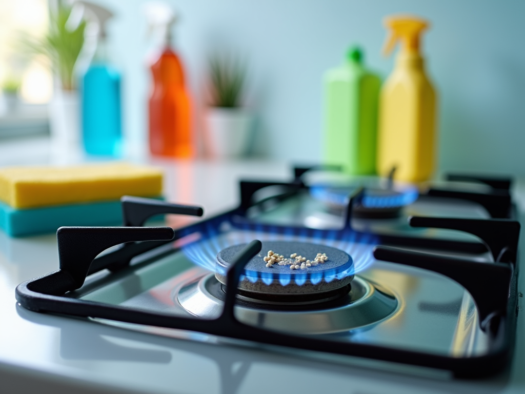 Close-up of a gas stove with a burning flame, with colorful cleaning products blurred in the background.