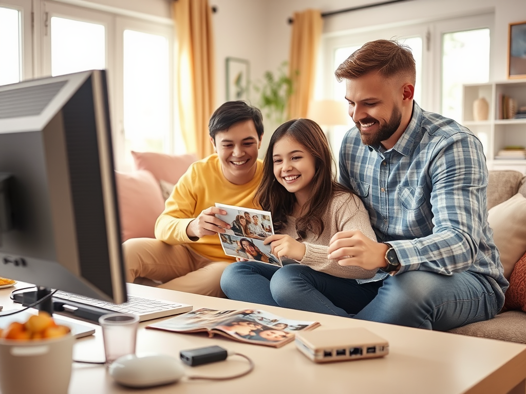 A joyful family shares memories, looking at photos together while sitting on a comfortable couch.