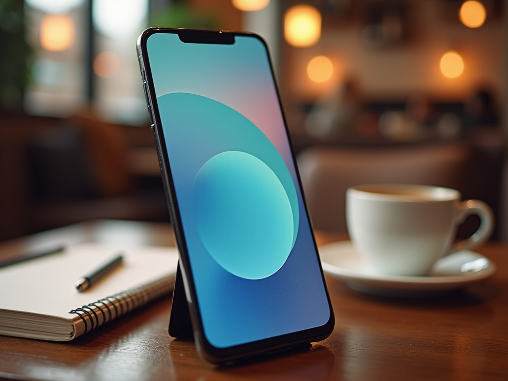 Smartphone with blue wallpaper standing on table next to coffee cup and notepad with pen.