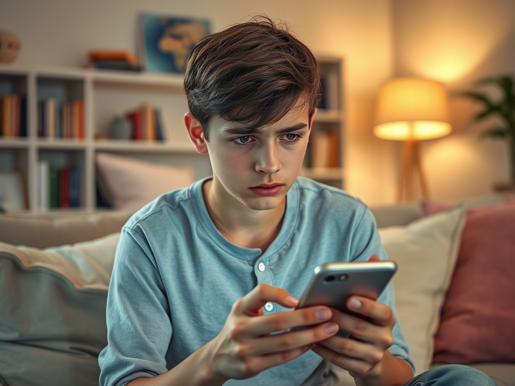 A focused boy sits on a couch, looking intently at his smartphone in a warmly lit living room.