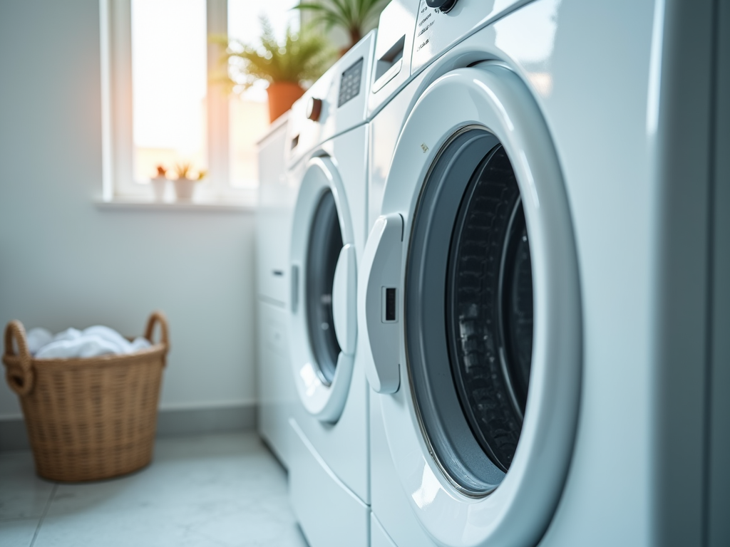 Sunny laundry room with modern washing machines and a basket of white clothes.