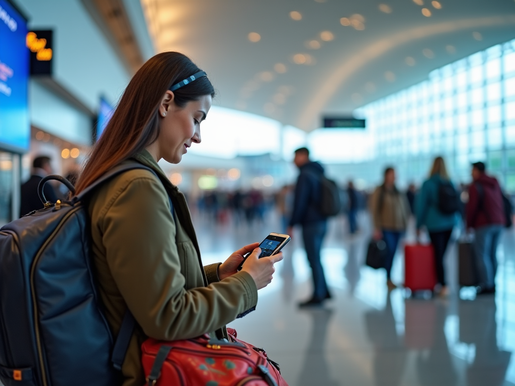 Woman checking her phone in a busy airport terminal.