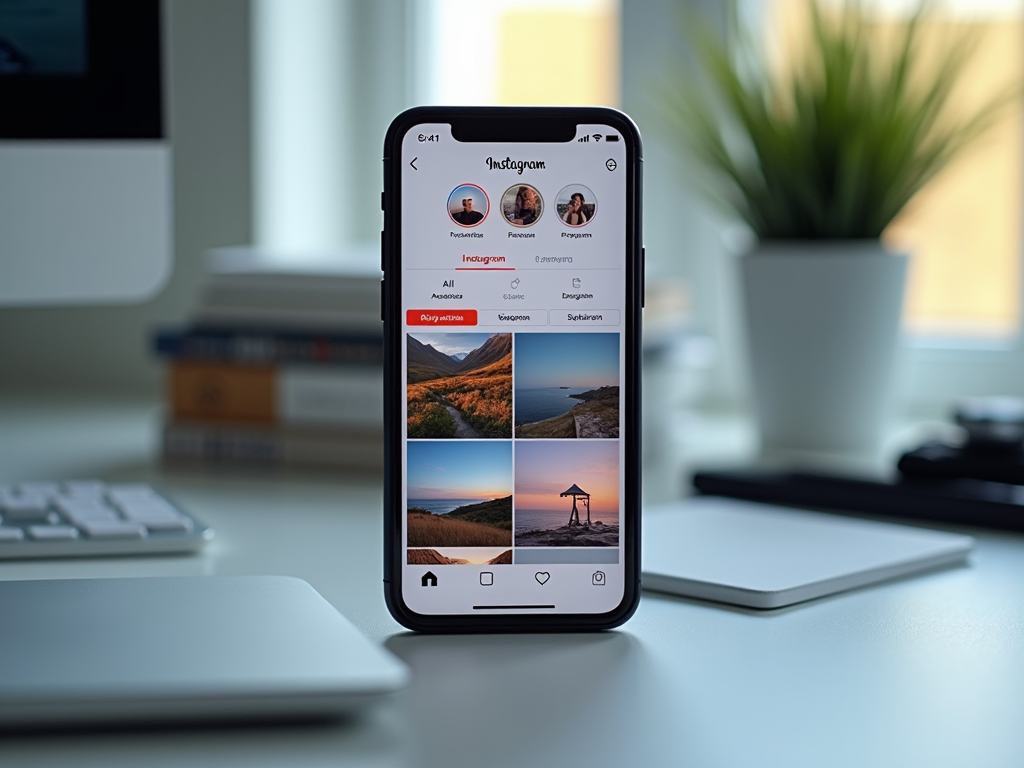 Smartphone displaying Instagram profile and photo feed on desk with books and a plant in background.