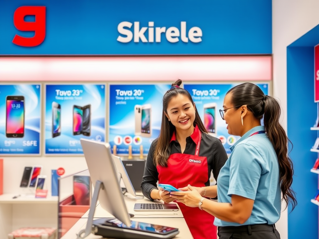 A smiling employee in red assists a customer in a tech store, with smartphones displayed in the background.
