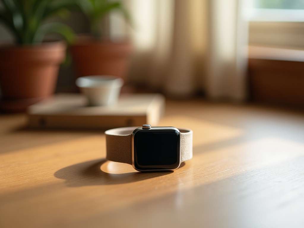 Smartwatch with beige strap on a wooden table, lit by soft sunlight.