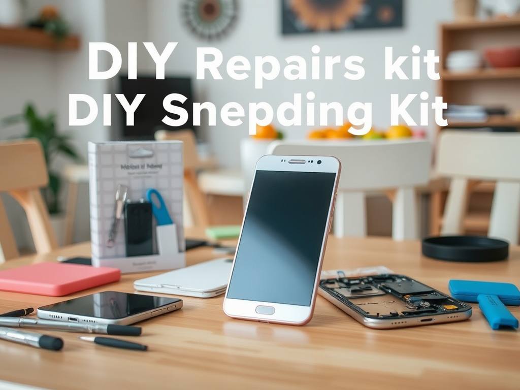 A workspace with a DIY repairs kit, tools, and smartphones on a wooden table, highlighting smartphone maintenance.