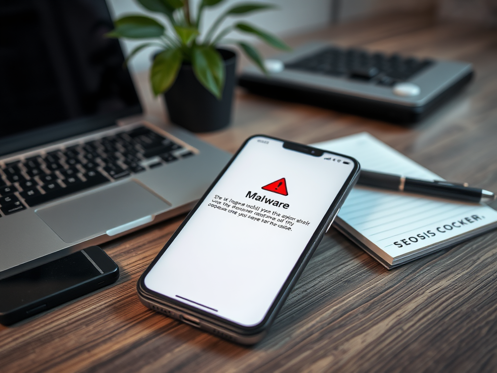 A smartphone displays a malware warning on a desk with a laptop, plant, notepad, and pen nearby.