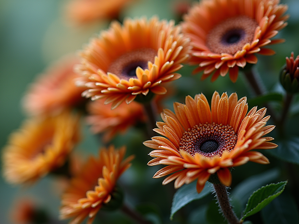 Close-up of vibrant orange gerbera flowers with detailed petals and dark centers.