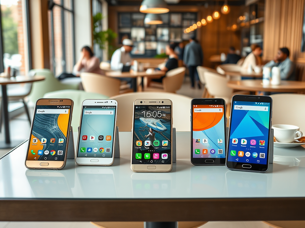 Five smartphones with various screens displayed on a table in a cafe, with people sitting in the background.