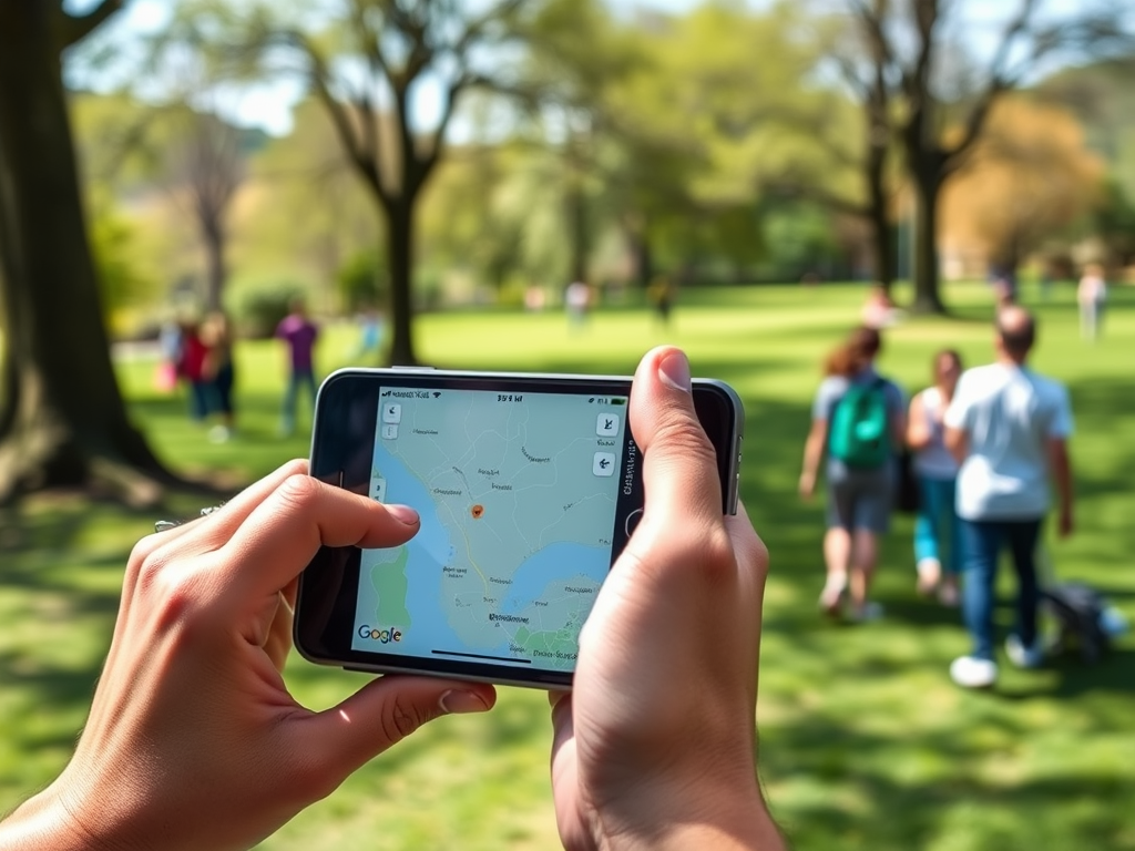 A person holding a smartphone displaying a map, with people in a park blurred in the background.