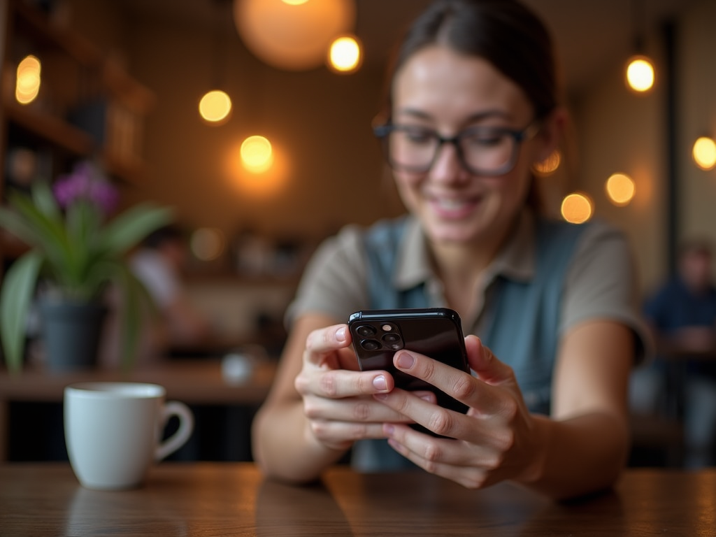 Young woman smiling at her smartphone in a cozy café with soft lighting.