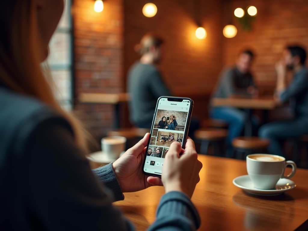 Woman browsing photo gallery on smartphone in a cozy cafe with a cup of coffee on the table.