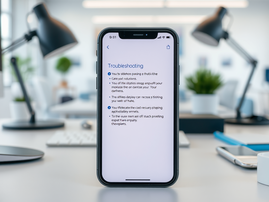 A smartphone displaying a troubleshooting guide, with text instructions in a modern office setting.