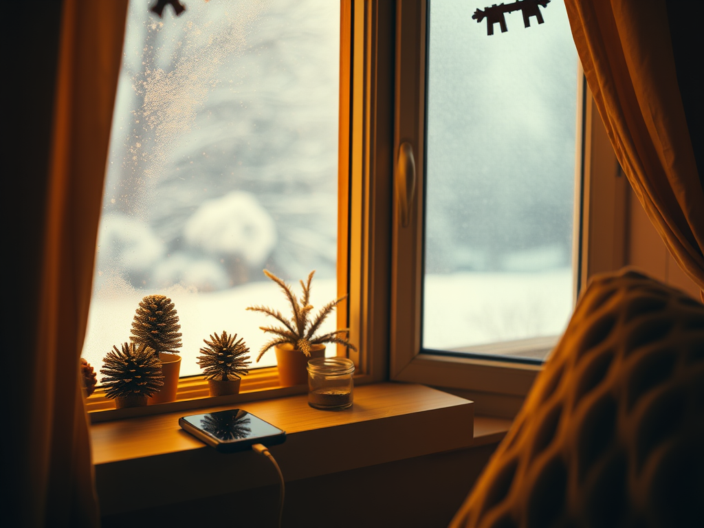 A cozy window scene with potted plants, a smartphone, and snow outside, framed by warm curtains.