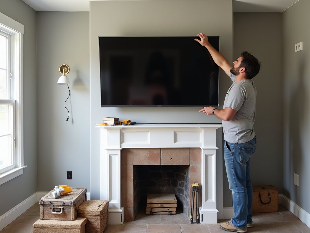 Man adjusting a mounted TV above a fireplace in a modern living room.