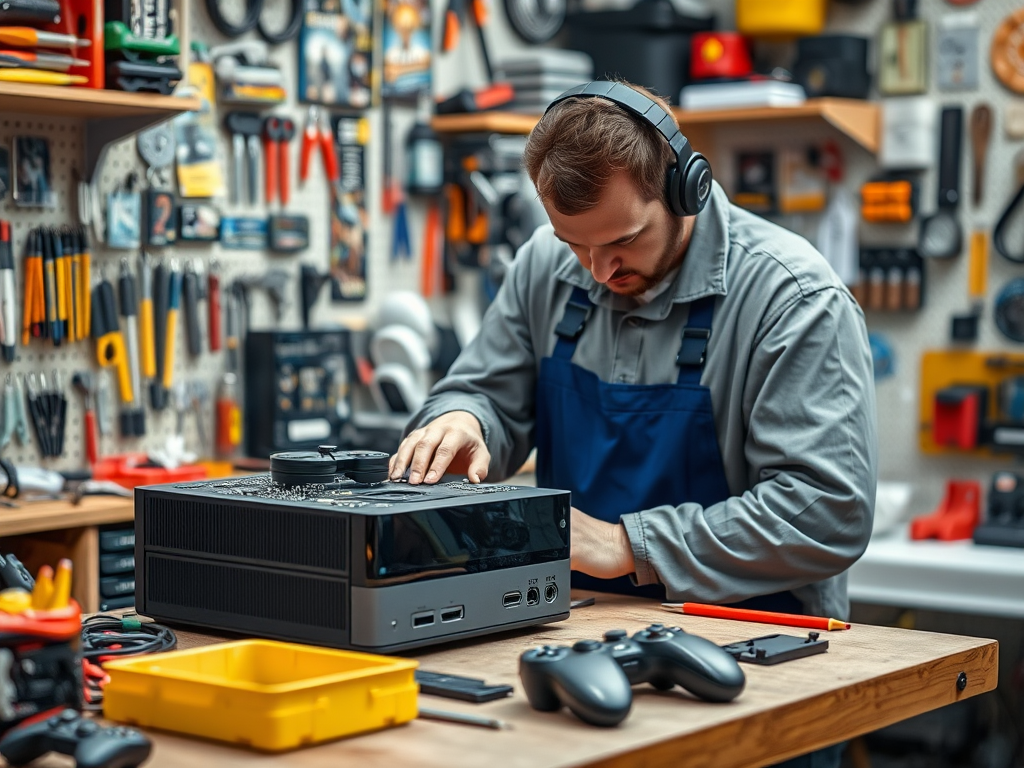 A technician in headphones works on a device in a workshop filled with tools and equipment.